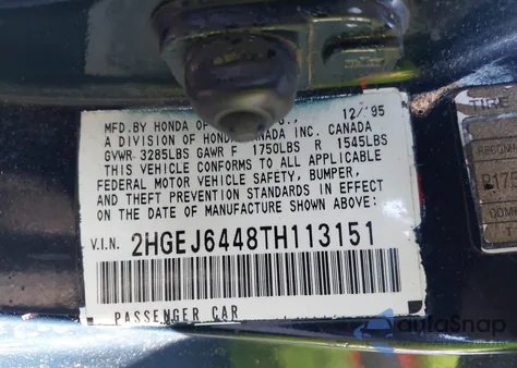 1996 Honda Civic Dx z USA, uszkodzony, nr VIN 2HGEJ6448TH113151